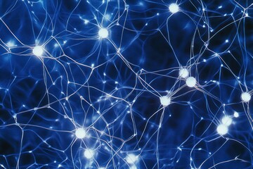 Poster - Abstract neural network; glowing nodes and connections on dark blue background.