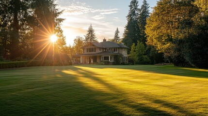 Poster - Sunset illuminates a large house on a lush green lawn, surrounded by tall trees.