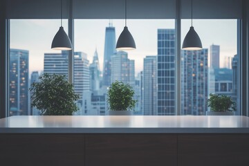 Aufkleber - Modern office interior with city view, plants, and pendant lights on a countertop.