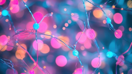 Fototapete - Abstract colorful neural network, glowing connections, vibrant synapses.
