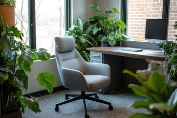 Aufkleber - Modern office chair amidst lush indoor plants near a window and desk.