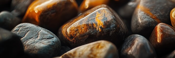 Leinwandbilder - Close-up of smooth, polished stones in shades of brown, gray, and black.