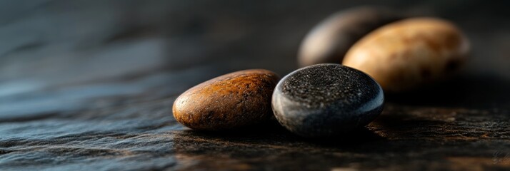 Poster - Smooth stones on dark background. Close-up of three stones, one brown, one dark grey, and one light brown in the background.