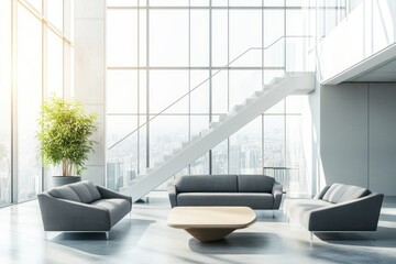 Poster - Modern minimalist office lounge with large windows, city view, grey sofas, wooden coffee table, and staircase.