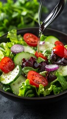 Wall Mural - Vibrant Mixed Green Salad With Dressing Being Poured, Perfect For Healthy Eating And Food Blogs