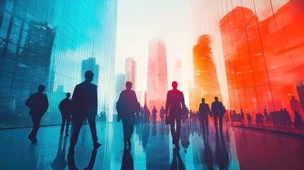 Fototapete - Silhouetted businesspeople walking in a modern city, reflecting on a glass floor.