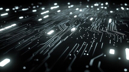 Fototapete - Illuminated circuit board with glowing lines and nodes, abstract technology background.