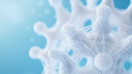 Fototapete - Abstract 3D render of a complex, interconnected network structure, resembling a molecule or cell, set against a soft blue background.