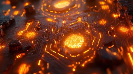 Aufkleber - Abstract close-up of glowing orange circuit board.
