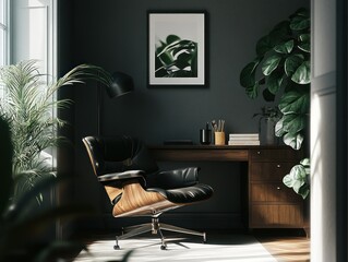 Aufkleber - Sunlit home office with mid-century chair, desk, plants, and artwork.