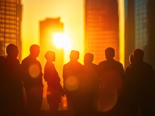 Aufkleber - Silhouetted business people watching sunset over city skyline.