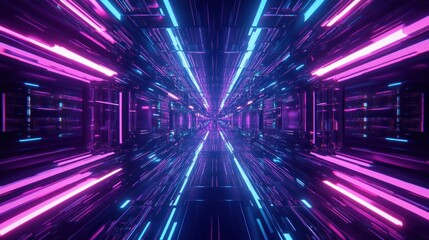 Poster - Abstract neon tunnel with vibrant pink and blue glowing lines, creating a futuristic and energetic atmosphere.