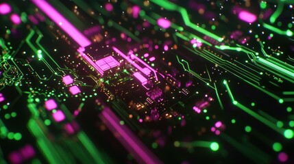 Poster - Abstract close-up of a glowing circuit board with pink and green lines.