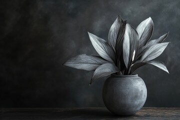 Fototapete - Monochromatic still life of a plant in a stone pot on a wooden surface against a dark background.