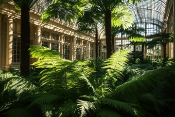 Poster - Sunlit conservatory with lush ferns and palm trees, architectural details visible.
