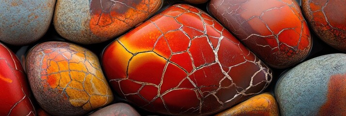 Leinwandbilder - Close-up of colorful, polished stones with intricate crack patterns.