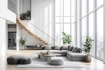 Aufkleber - Modern minimalist living room with high ceilings, large windows, wooden staircase, and grey sectional sofa.