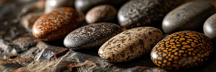 Aufkleber - Close-up of smooth, oval-shaped stones with unique patterns and textures, arranged on a dark, rough surface.