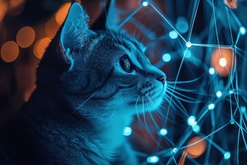 Aufkleber - A curious tabby cat gazing at illuminated network lights.