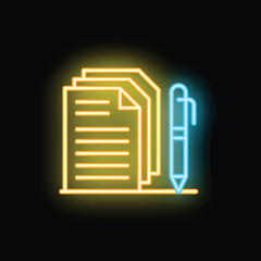 Poster - Neon sign showing a pen writing on documents, representing the concept of writing