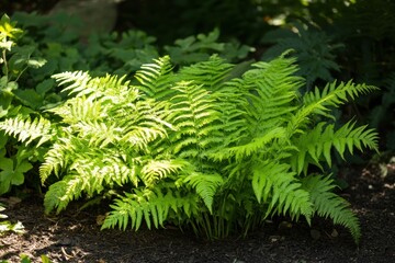 Poster - Lush green ferns in dappled sunlight, thriving in rich soil.