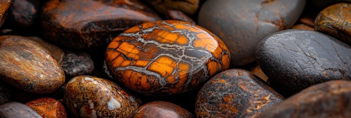 Leinwandbilder - Close-up of smooth, polished stones in varying shades of brown, orange, and grey, showcasing intricate patterns and textures.