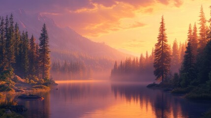 Poster - Serene sunset over a calm lake nestled in a misty mountain forest.