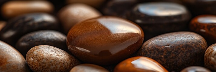 Leinwandbilder - Close-up of smooth, polished, brown and dark brown stones; natural texture and color variations.