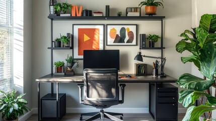 Aufkleber - Modern home office with desk, computer, plants, and shelving.