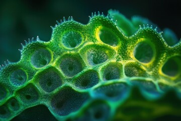Poster - Close-up of a vibrant green, textured organic surface with porous, honeycomb-like structure and tiny spikes.