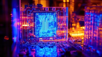 Aufkleber - Illuminated computer motherboard with vibrant blue and orange lighting.