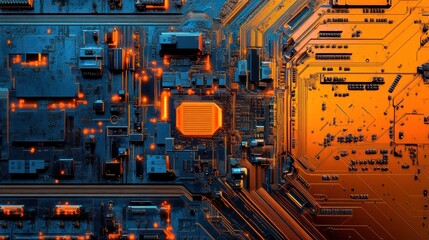 Aufkleber - Close-up of a circuit board with vibrant orange and blue hues, showcasing intricate electronic components and pathways.