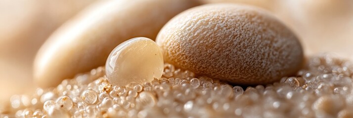 Aufkleber - Close-up of smooth, beige, round objects resembling pearls or stones nestled on a bed of smaller beads.