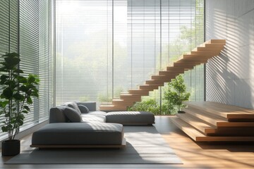 Poster - Modern living room with wooden staircase, large windows, and green plants.