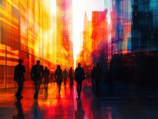Aufkleber - Silhouetted businesspeople walking down a vibrant city street at sunset.