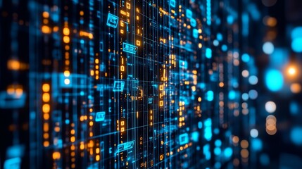 Abstract digital data flow, binary code, glowing lines and numbers. Futuristic technology concept.