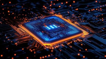 Fototapete - Close-up of a glowing central processing unit (CPU) on a circuit board. (1)