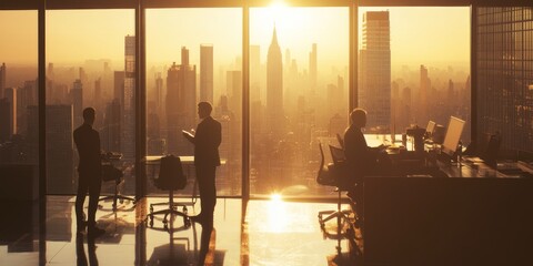 Aufkleber - Silhouetted businesspeople working in modern office overlooking city sunrise.