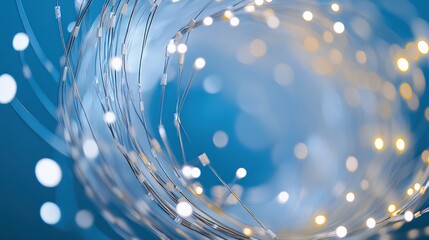 Fototapete - Twinkling fairy lights coiled in a circle on a blue background.