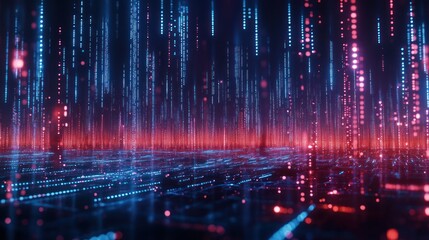 Fototapete - Abstract digital data stream, glowing red and blue lines and particles flowing down, futuristic technology background.