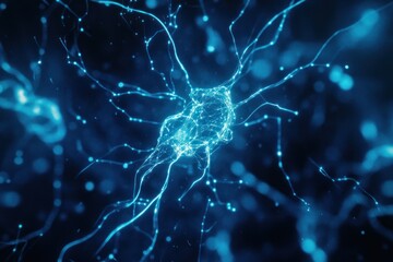 Poster - Abstract digital illustration of a neuron cell with glowing blue connections.