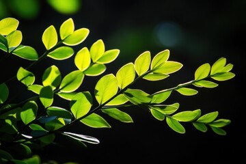 Poster - Sunlight illuminating vibrant green leaves on dark background.
