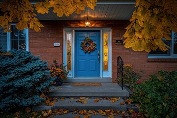 Poster - Autumnal evening scene at a brick house featuring a blue front door adorned with a fall wreath, flanked by plants, and surrounded by yellow leaves.