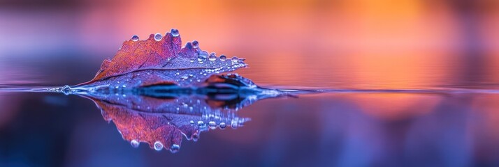 Fototapete - Dew-covered autumn leaf floats on calm water, reflecting vibrant sunset colors.