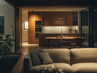 Poster - Modern kitchen and living room interior at night, warm lighting, wooden furniture, open plan design.