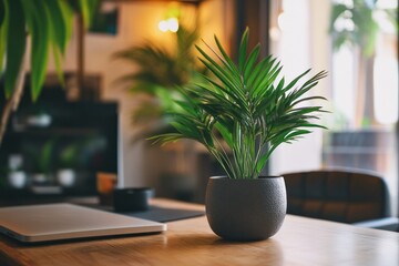 Poster - A small potted plant sits on a wooden desk in a brightly lit office.