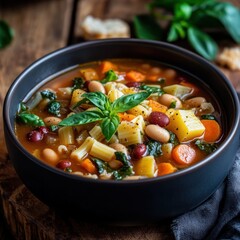 Poster - Hearty vegetable and bean soup in a dark bowl, garnished with basil.