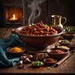 © khalid - 'A close-up shot of a steaming bowl of Vindaloo, placed on a rustic wooden table. The vibrant red color of the rich, spicy sauce is the focal point, with the steam rising gently from the bowl, creatin