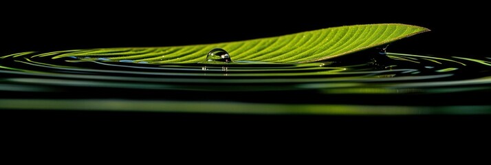 Poster - Green leaf floats on dark water, water droplet.