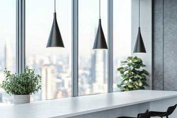 Poster - Modern minimalist office interior with city view, three pendant lights, plants, and a long white counter.